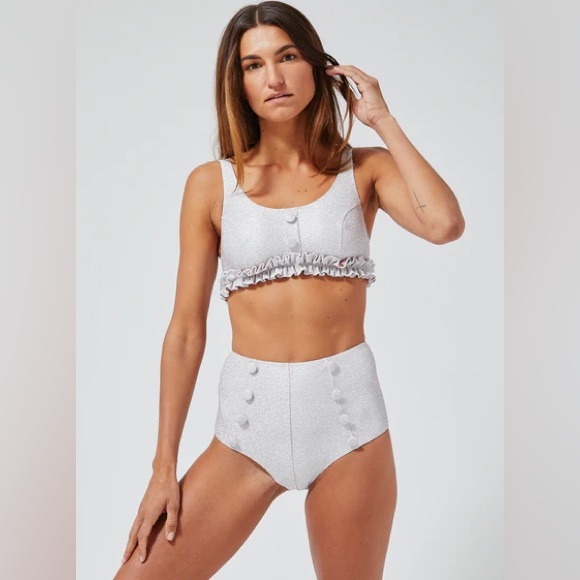 Lisa Marie Fernandez Colby High-Waist Bkini Silver & Pink Metallic Jacquard Sz 1 - Picture 7 of 16